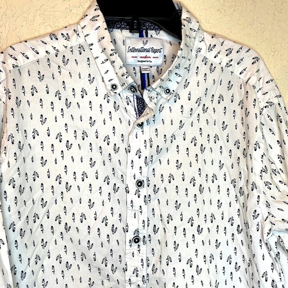 International Report White With BlueFeather Print Button Down Long Sleeve Shirt